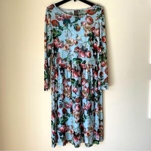 ICHI floral Print Blue Long Sleeve Sheer Midi Dress Size Small